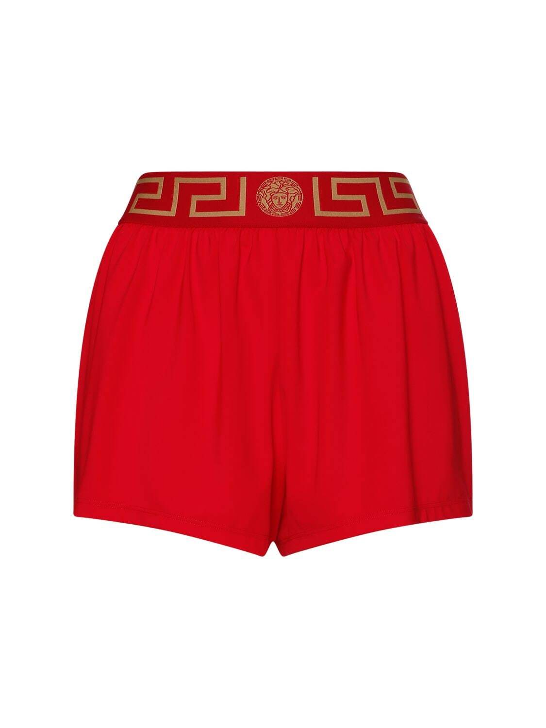 VERSACE Greek Logo Jersey Mini Swim Shorts in red