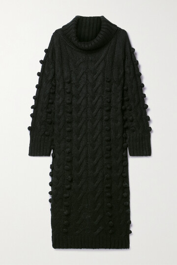 farm rio - pom pom-embellished cable-knit turtleneck sweater dress - black