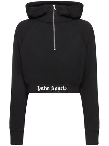 palm angels logo tape cotton crop hoodie in black