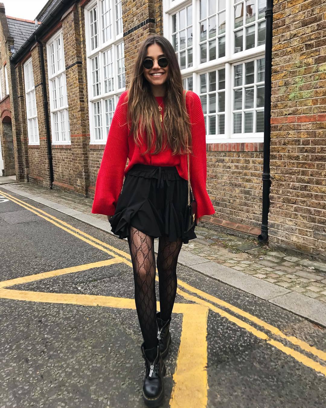 sweater, red sweater, black boots, ankle boots, tights, mini skirt ...
