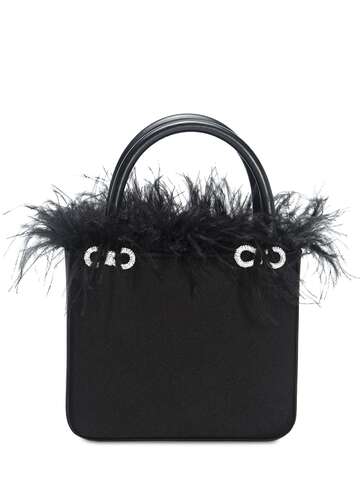MACH & MACH Crystallized Feather Trimmed Satin Bag in black