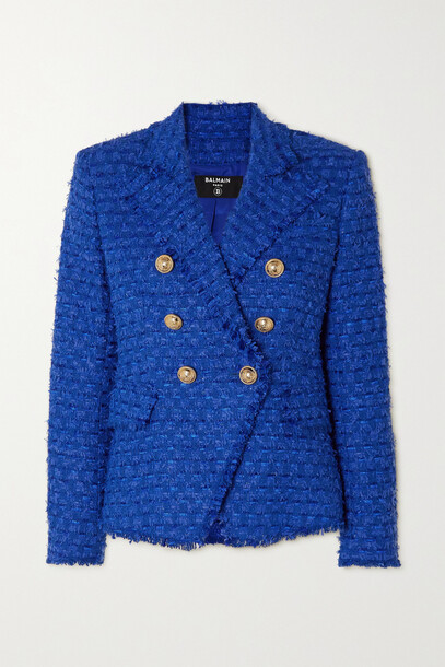 Balmain - Fringed Crystal-embellished Cotton-blend Bouclé-tweed Jacket - Blue