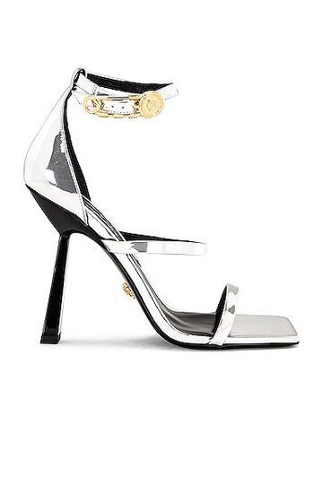 versace safety pin sandals in metallic silver