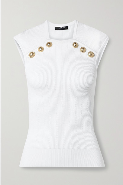 BALMAIN - Button-embellished Ribbed-knit Top - White