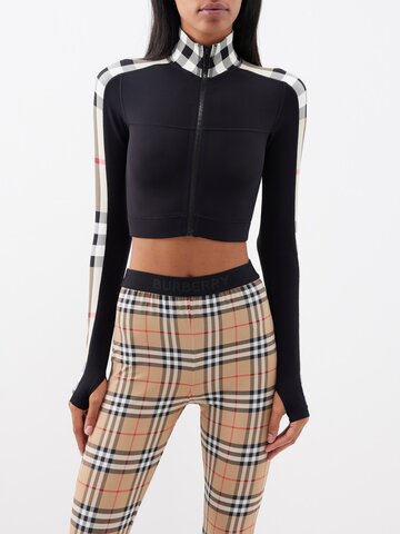 burberry - cropped check-trim jersey track jacket - womens - black multi