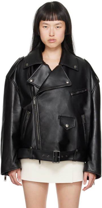 Valentino Black Belted Leather Jacket in nero