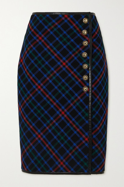 SAINT LAURENT - Leather-trimmed Checked Wool-twill Skirt - Blue
