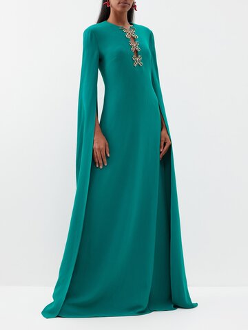 elie saab - bow-embellished crepe caped gown - womens - mid green