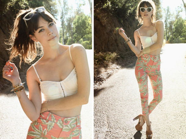 tank top white fashion brown cute high heels high waisted pants sunglasses bracelets bralette coral green pants shoes
