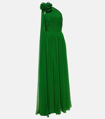 elie saab corsage-detail one-shoulder silk gown in green