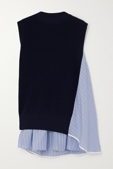 sacai - layered cotton-blend and striped cotton-poplin mini dress - blue