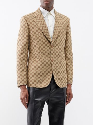 gucci - gg-supreme linen-blend canvas suit jacket - mens - camel