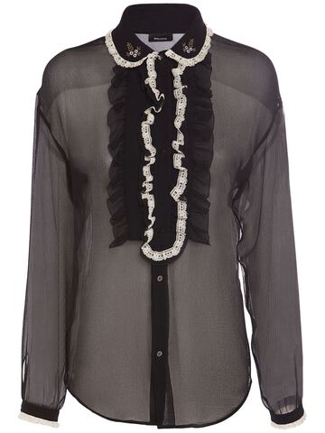 dsquared2 frilled silk chiffon long sleeve shirt in black