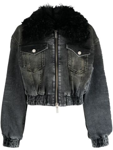 blumarine oversized-collar zip-up denim jacket - black