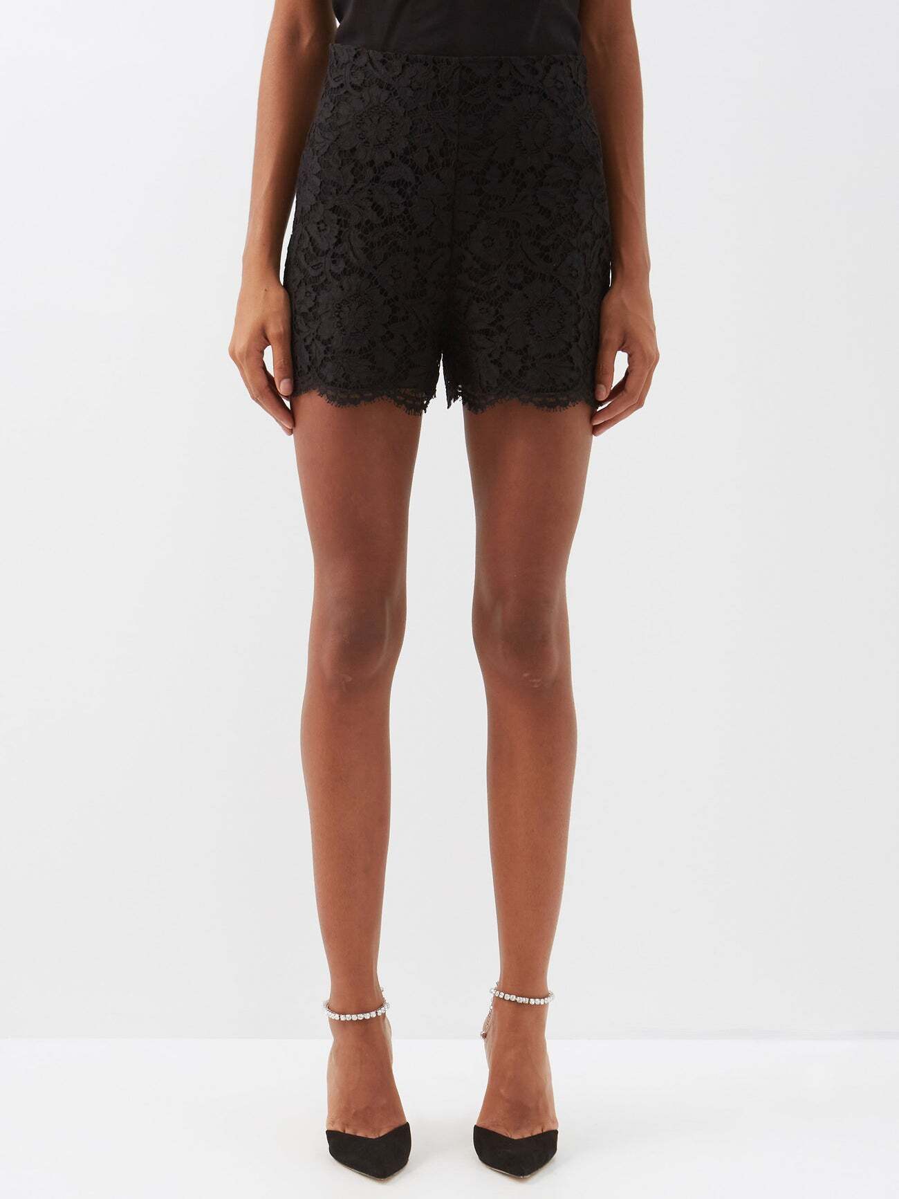 Valentino - High-rise Guipure-lace Shorts - Womens - Black