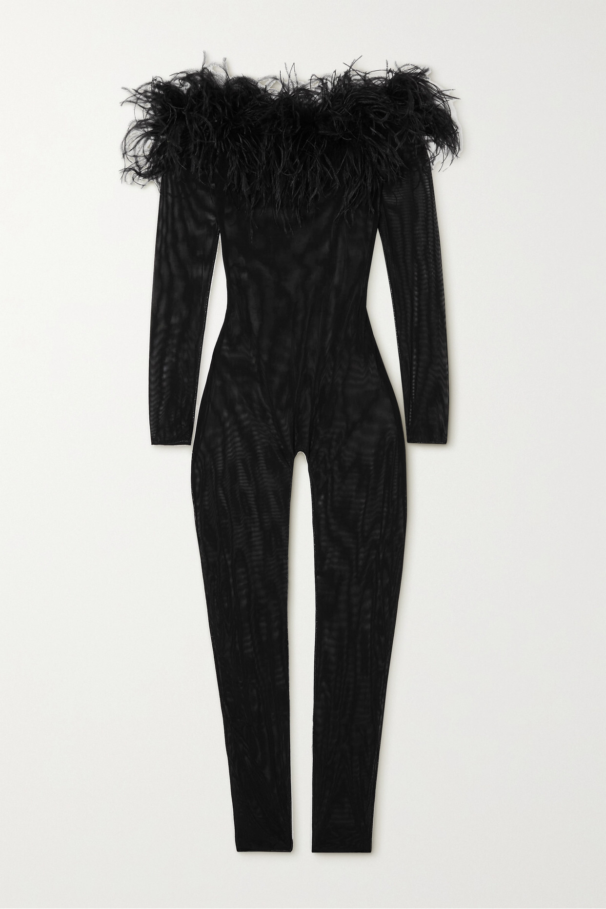 Oséree - Off-the-shoulder Feather-trimmed Stretch-mesh Jumpsuit - Black