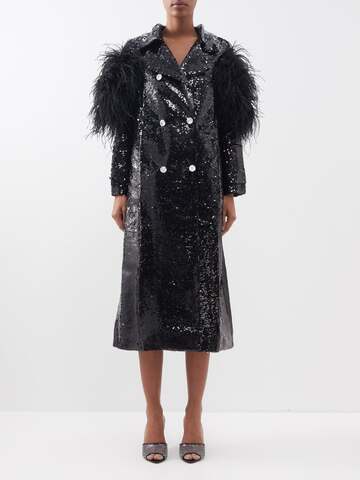 germanier - feather-trim sequinned coat - womens - black