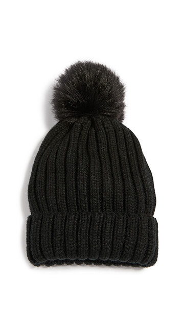 Adrienne Landau Acr. Knit Hat with Pom in black