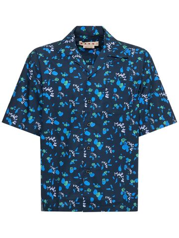 marni flower cotton poplin boxy s/s shirt in blue
