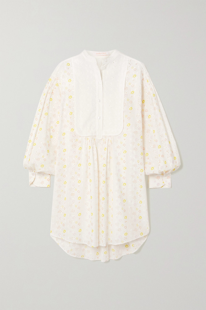 SEE BY CHLOÉ SEE BY CHLOÉ - Floral-print Broderie Anglaise Cotton-voile Mini Shirt Dress - Ecru