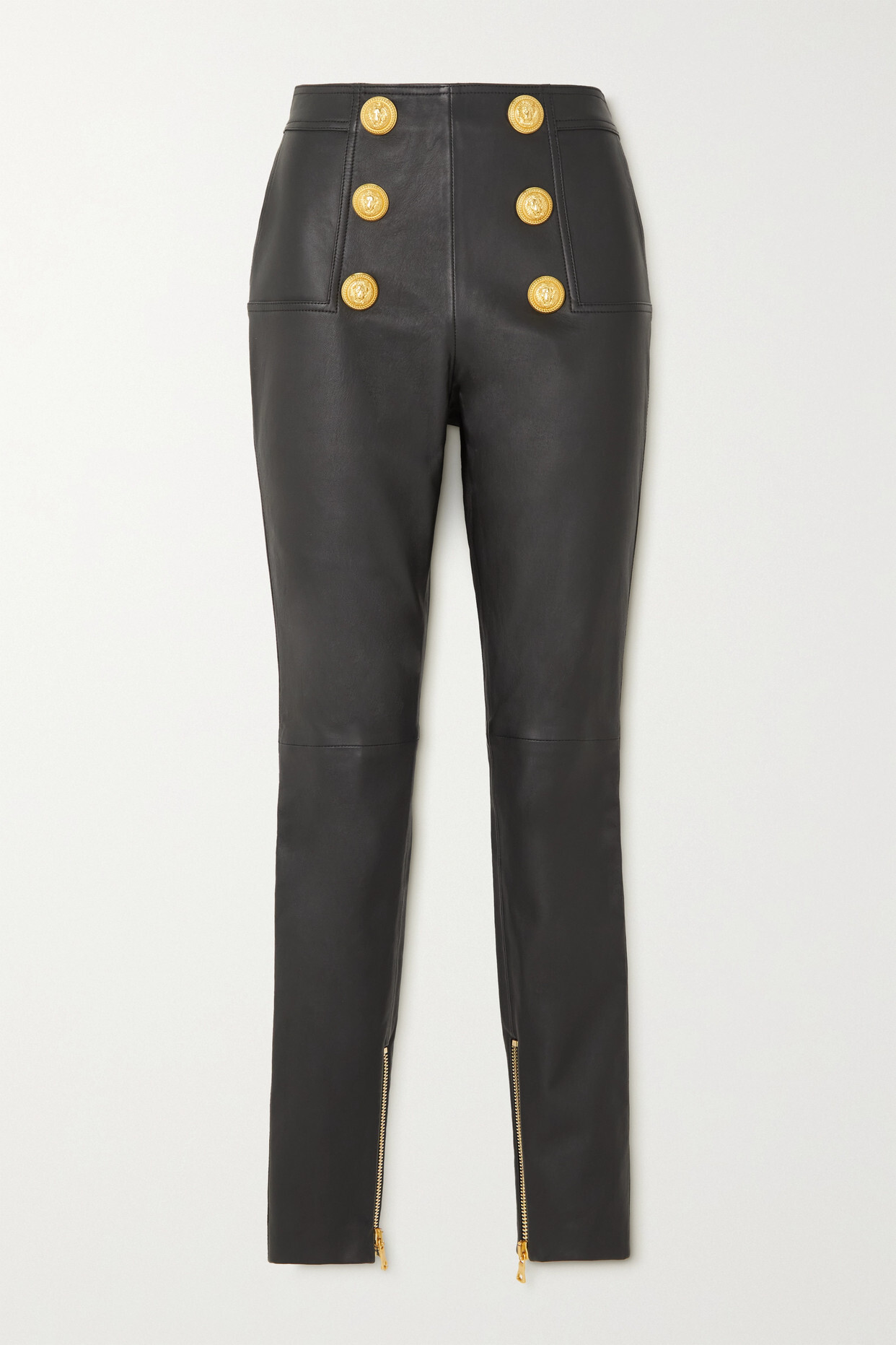 Balmain - Button-embellished Leather Leggings - Black