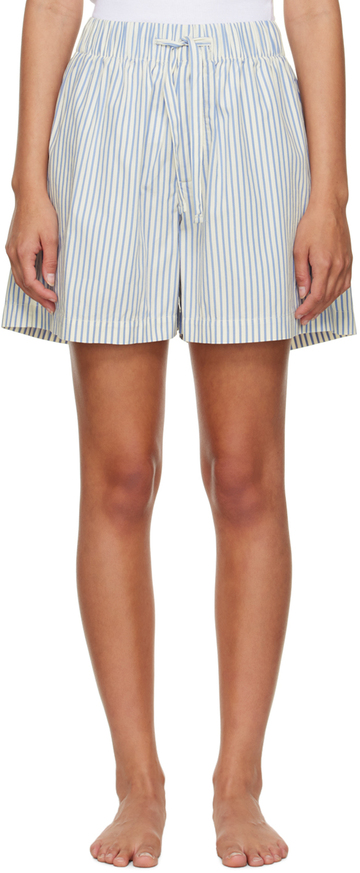 Tekla White Drawstring Pyjama Shorts in blue