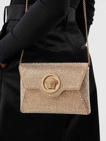 versace - medusa mini crystal-embellished satin clutch bag - womens - gold