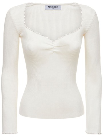 MUSIER PARIS Mary Sweetheart Long Sleeve Cotton Top in white