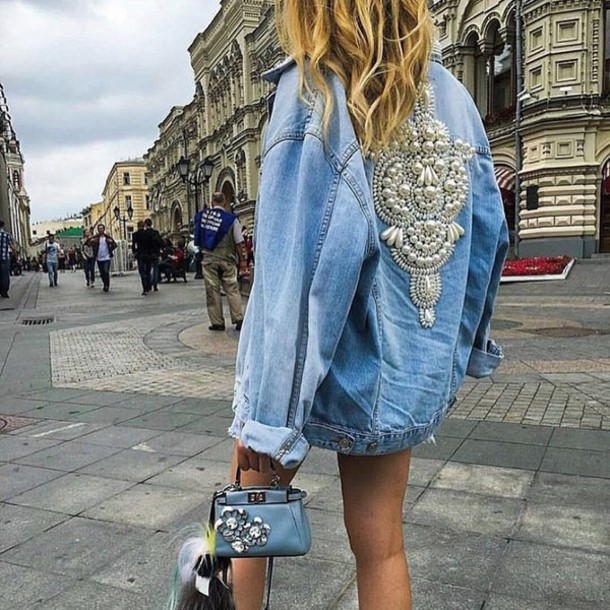oversized denim jacket with pearls