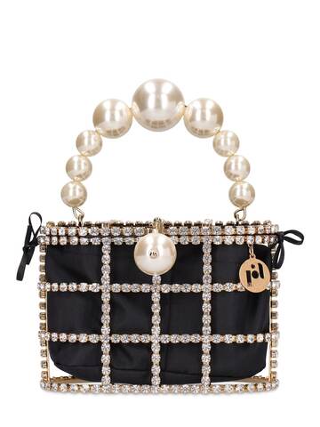 ROSANTICA Holli Crystal & Pearl Box Top Handle Bag in black