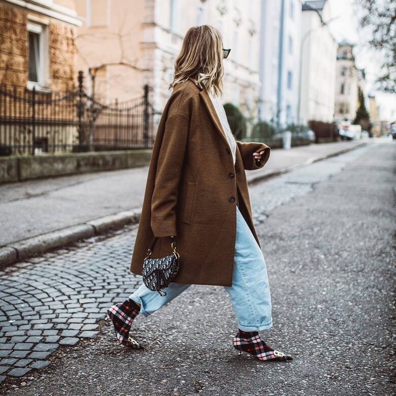 shoes, ankle boots, plaid, balenciaga, boyfriend jeans, dior bag, oversized  coat, brown coat, white sweater - Wheretoget