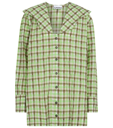 ganni seersucker organic cotton-blend blouse in green