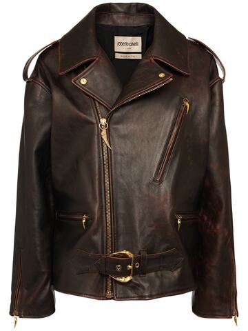ROBERTO CAVALLI Oversize Brushed Leather Biker Jacket