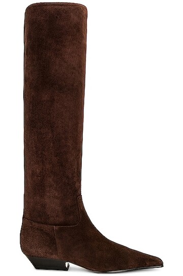 khaite marfa classic flat knee high boot in brown