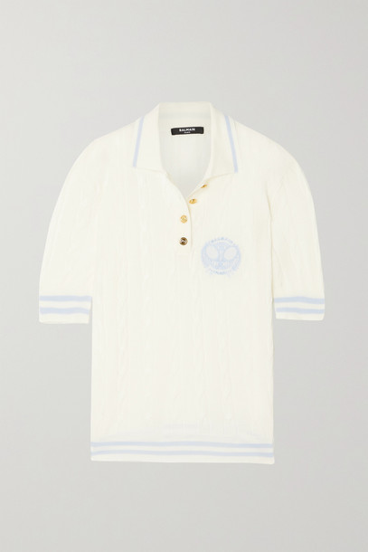 BALMAIN - Embroidered Cable-knit Merino Wool Polo Shirt - White