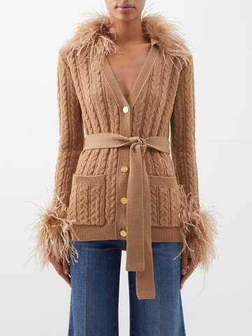 valentino - cable-knit feather-trim wool cardigan - womens - camel