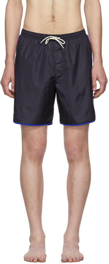gucci navy logo stripe swim shorts in blue
