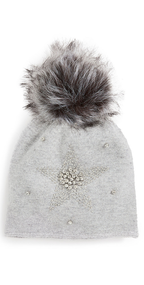 Adrienne Landau Wool Blend Hat with Star & Pom in grey