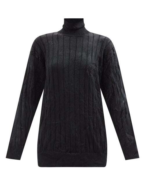 Balenciaga - Crest-embroidered Roll-neck Crinkled-silk Sweater - Womens - Black