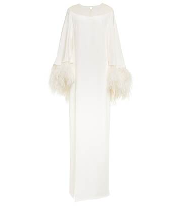 Monique Lhuillier Feather-trimmed silk dress in white