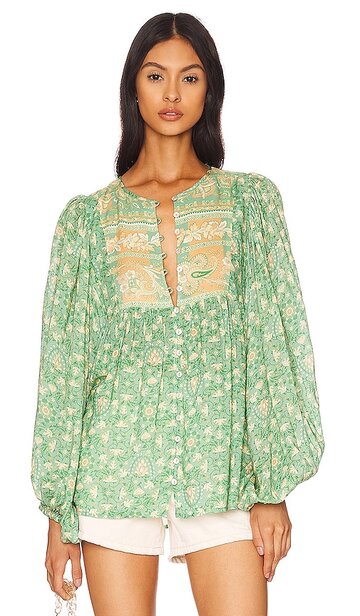 SPELL Madame Peacock Boho Blouse in Green in emerald