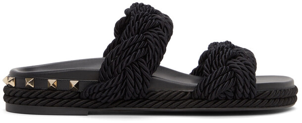 Valentino Garavani Black Rope Rockstud Flat Sandals in nero