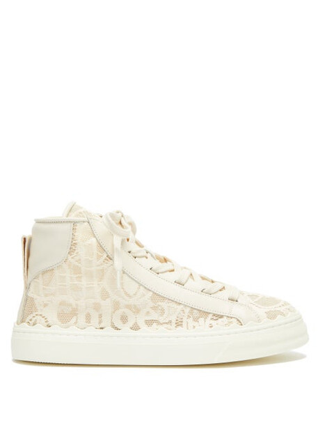 Chloé Chloé - Lauren Lace-covered Leather High-top Trainers - Womens - Light Beige