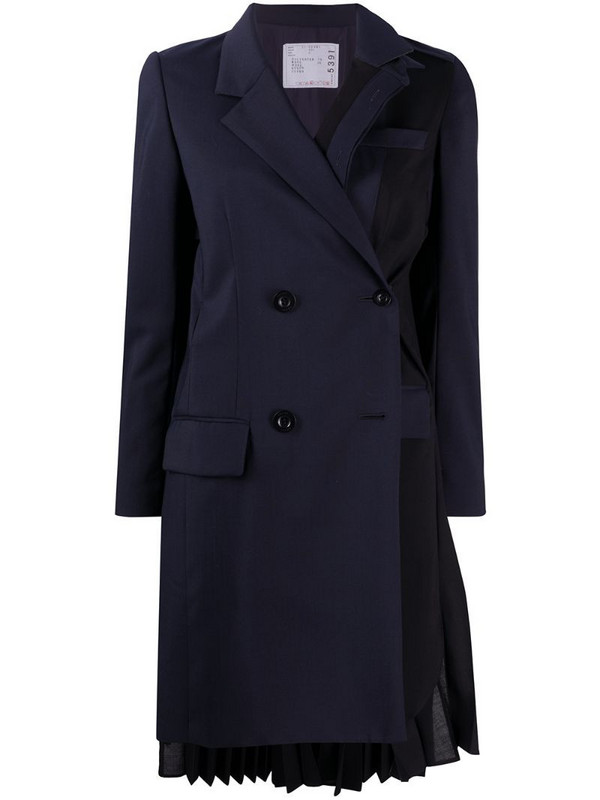Sacai double-breasted pleated coat in blue