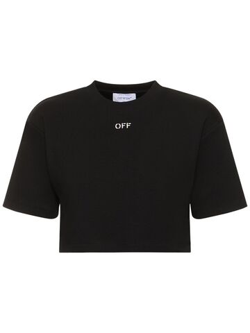 off-white logo cotton blend cropped t-shirt in black