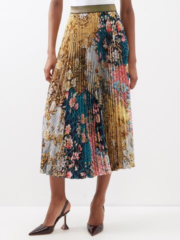 mary katrantzou - floral-print pleated-crepe de chine midi skirt - womens - gold multi