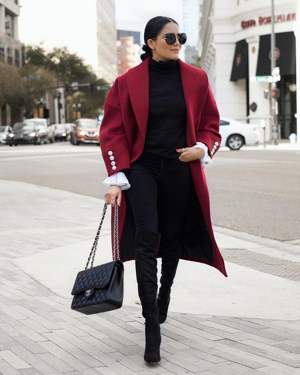 coat red coat long coat over the knee boots suede boots black jeans black turtleneck top chanel bag 