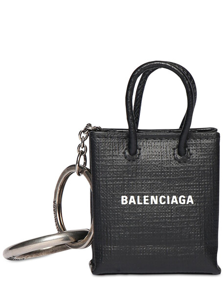 BALENCIAGA Mini Shop Tote Leather Keyring in black