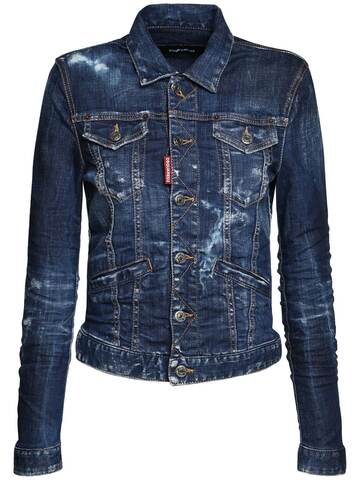 DSQUARED2 Icon Printed Denim Distressed Jacket in blue