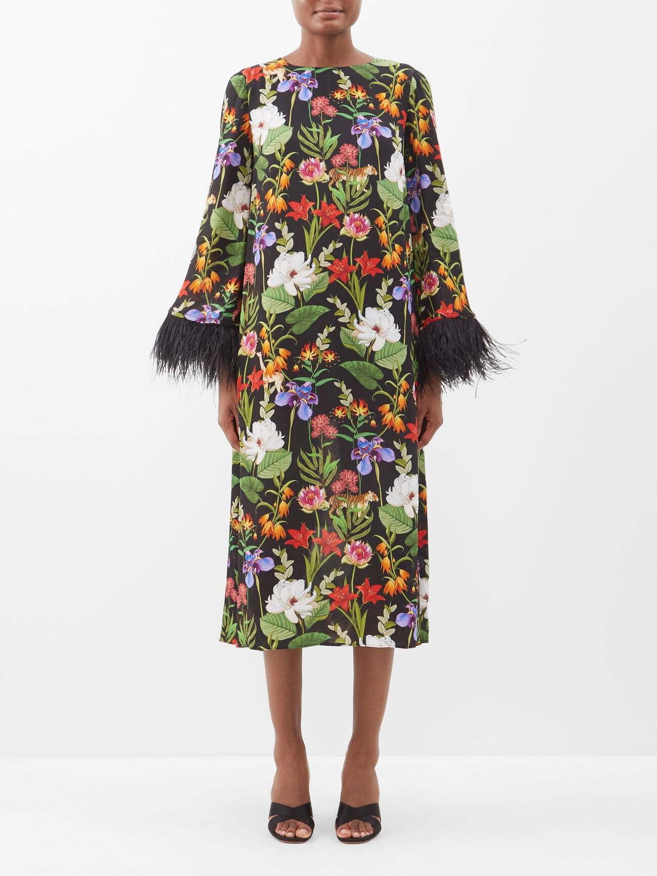 Borgo De Nor - Frankie Feather-trim Floral-print Crepe Dress - Womens - Black Print